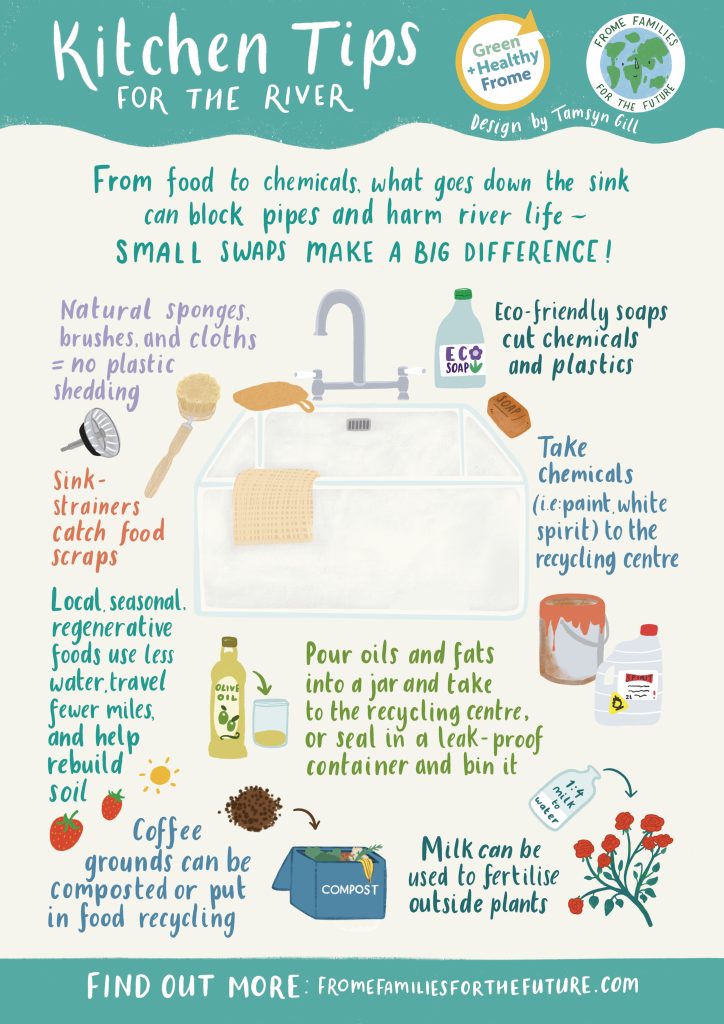 From food to chemicals, what goes down the sink can block pipes and harm river life — small swaps make a big difference: 1) Milk: Freeze, fertilise plants (dilute with water 1:4), or compost 2) Coffee & grounds: Compost, sprinkle on plants, or food caddy. 3) Oils & fats: Pour into a jar - take to recycling centre. Wipe pans before washing up. 4) Food scraps, eggshells, soups & sauces: Pop in the food caddy or compost. 5) Medication: Take back to the pharmacy. 6) Chemicals (paint, cleaning fluids, white spirit): Take to a recycling centre.